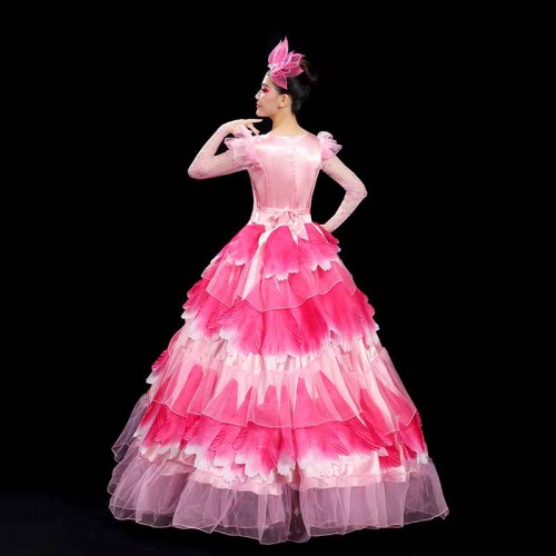 Pink flowers petals flamenco dance dresses for women girls paso double spanish bull dance swing skirts opening choir ballroom dance costumes for female